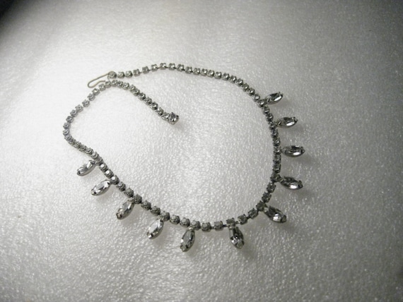 Vintage Art Deco Marquis & Round Rhinestone Choker,  Single Strand with Drops, 15", Hook Clasp,