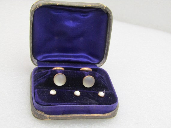 10kt G.F. Cuff Links/Stud Set, 1910-1930's, Original Velvet Lined Box, Frosted White Stones