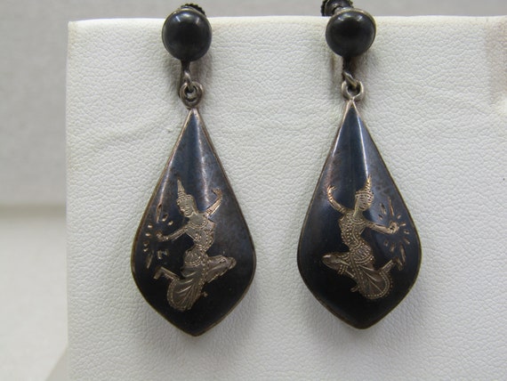 Vintage Sterling Siam Goddess Earrings, Screw Back, Black Enameled, Mid-Century.