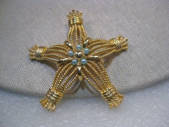 Vintage Gold Tone Twisted Strand Star Brooch signed EXPAN with Faux Blue Pearls, 2.5"