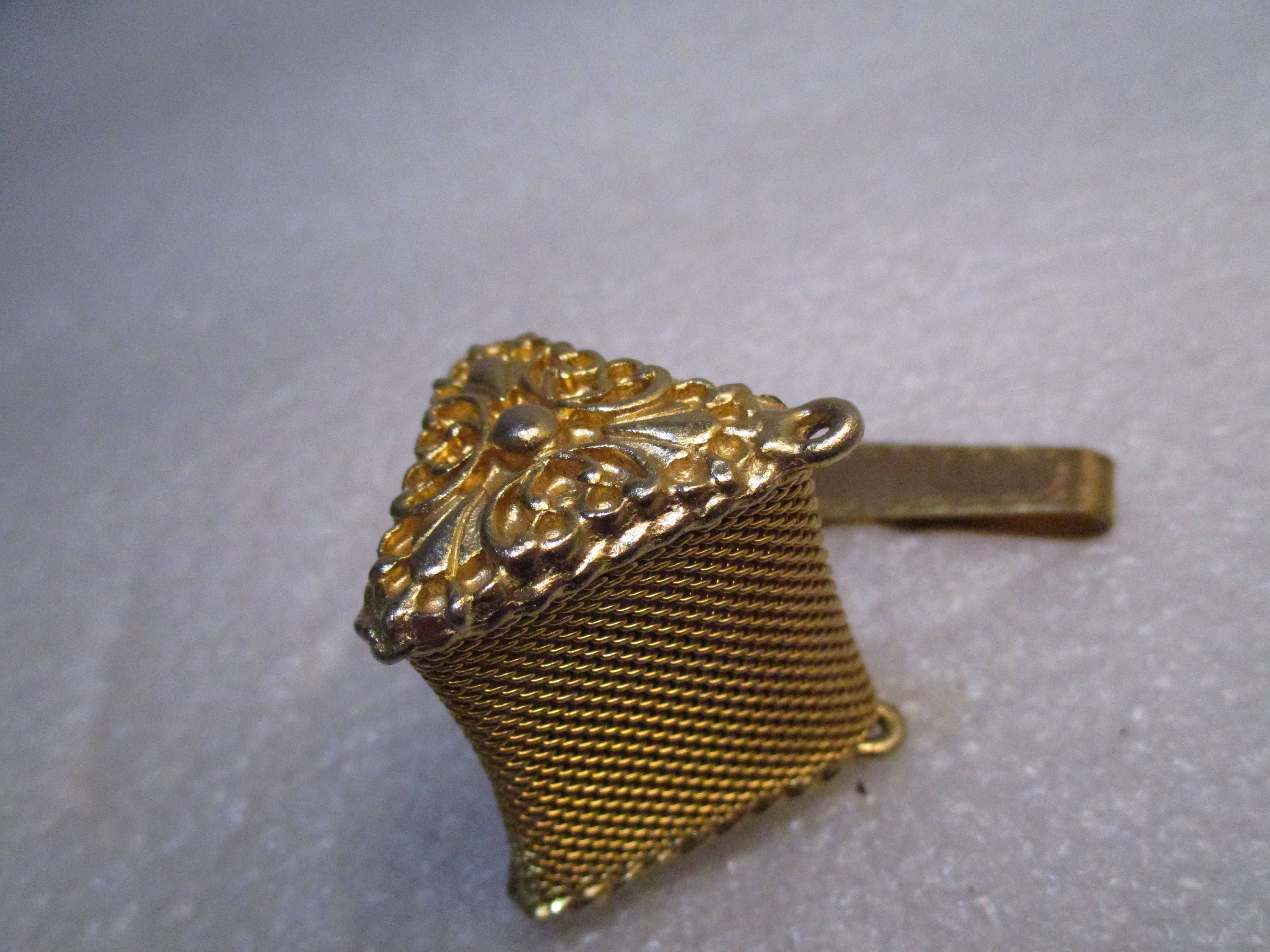 Vintage Mesh Triangular Purse Pill Box with Clip, Green Rhinestones