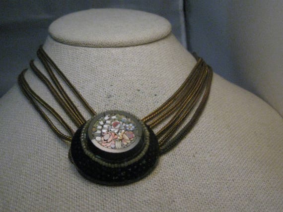 Vintage Micro Mosaic Multi-Strand Necklace, 14.5", Wheat Link, 1920's-1930's - Gilded Brass