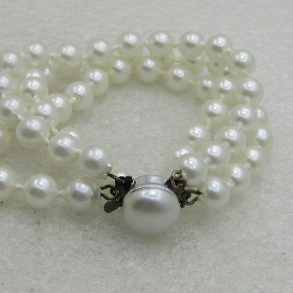 Vintage Triple Strand Faux Pearl Bracelet, Hong Kong, 7.5"