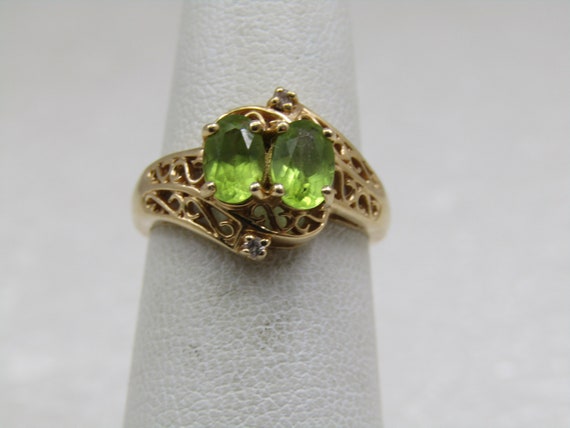 Vintage 14kt Double Peridot Diamond Ring, Sz. 5.