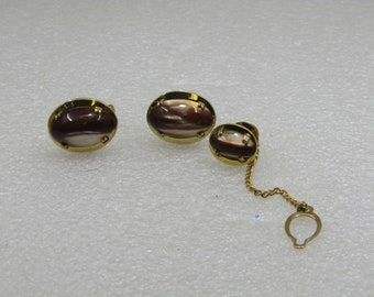 Vintage Brown Cateye Cuff Links & Tie Tack Set, 1960's