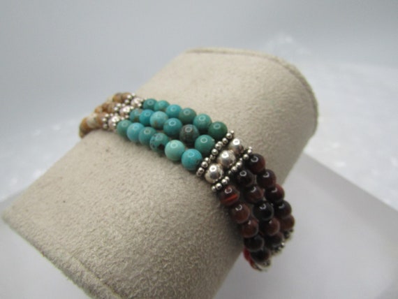 Sterling Southwestern Beaded Bracelet, Triple Strand, 7"-8", Signed QT (Quoc Turquoise Co.