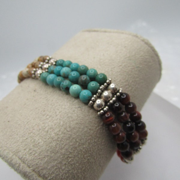 Sterling Southwestern Beaded Bracelet, Triple Strand, 7"-8", Signed QT (Quoc Turquoise Co.