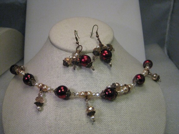 Vintage Copper Tone Faux Pearl with Metallic Red Foiled Beads and Dangle Drops 11" Necklace & Pierced Earring Set