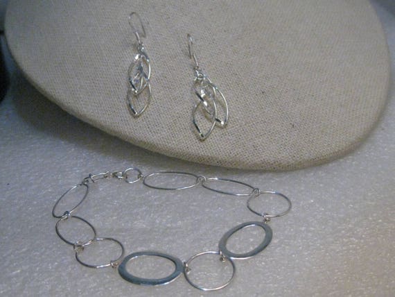 Sterling Silver Wide Link Bracelet & Earrings, Pierced Dangle, 7", 6.25 gr