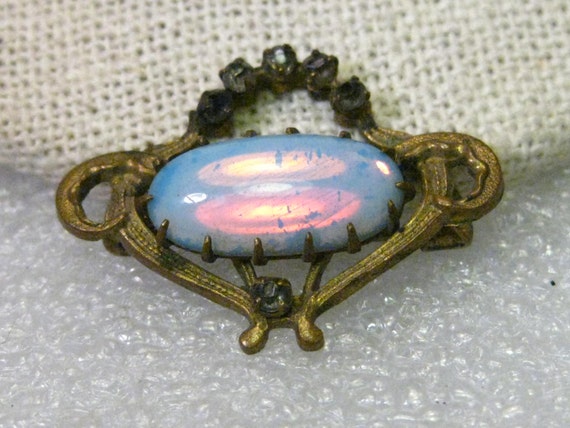True Victorian to Art Nouveau Brooch with Opal-like Stone with Old Mine Cut Glass Stone Accents