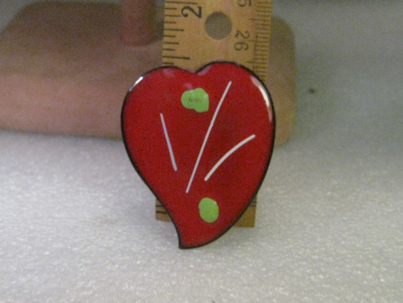 Vintage Brooch, Red Enameled Heart-like Leaf over Copper - Artist Created, Boho, Cottage Chic