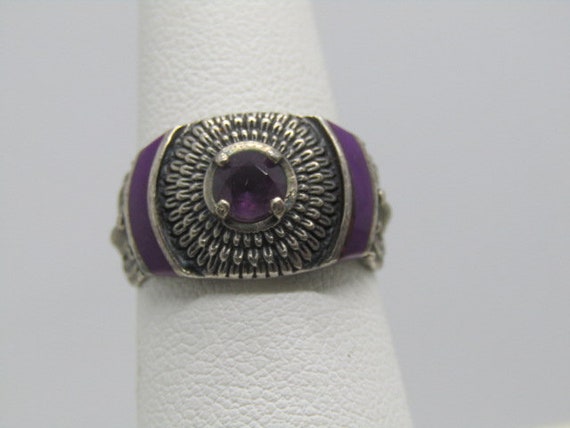 Vintage Sterling Amethyst Ring, Size 7, Purple Enamelling, signed SC in cloud, 5.92 grams, 1970's