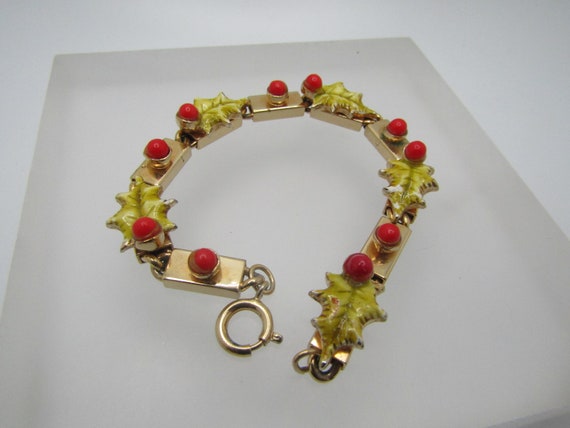 Vintage Enameled Holly & Berry Bracelet, 7", 1960's-1970's