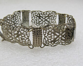 Vintage Silver Tone Filigree Wide Bracelet, 8", 1930's