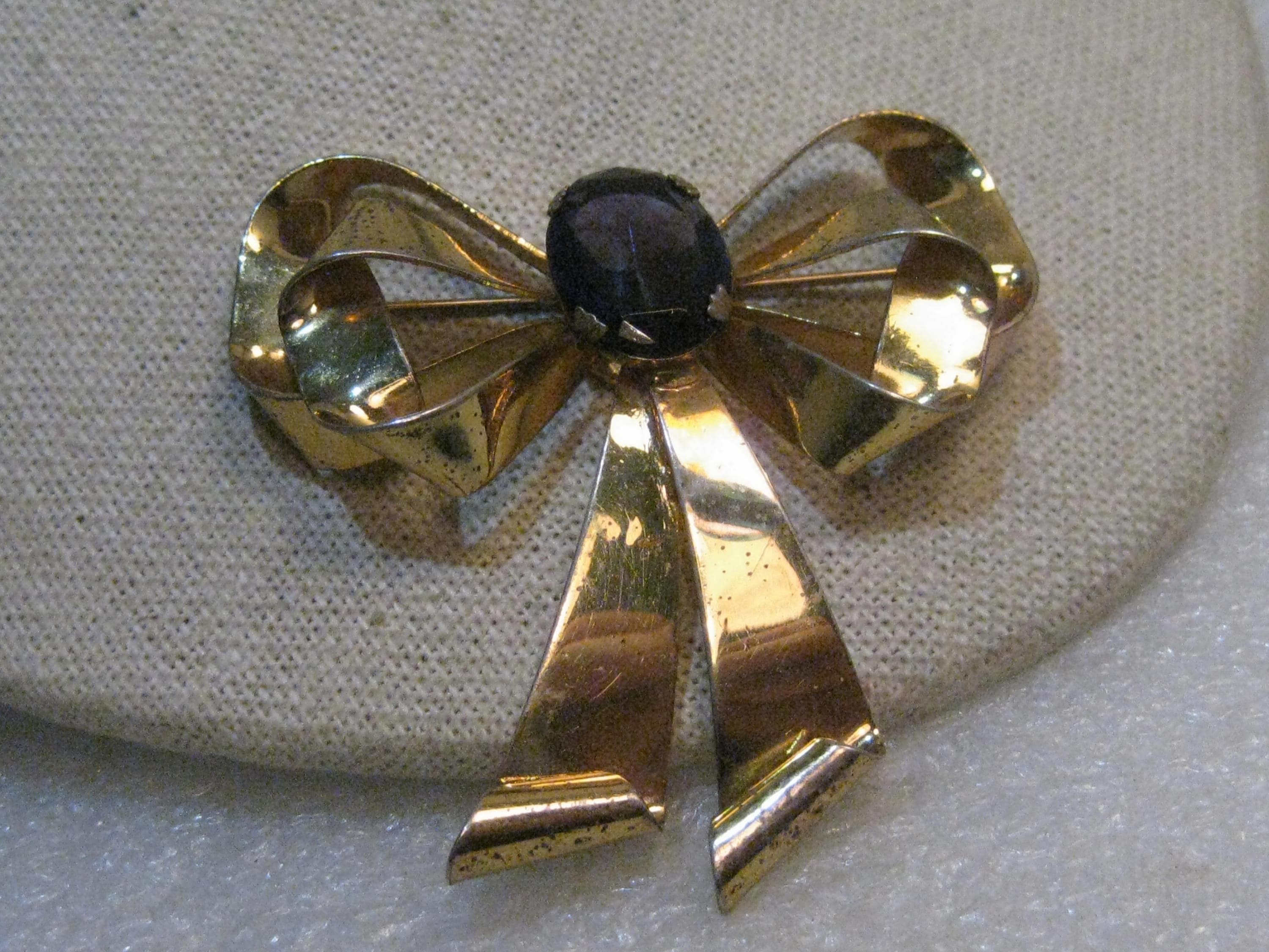 Vintage Sterling Amethyst Bow Brooch, 1940's, Stone, GoldWashed, 2.25, 18.62gr.