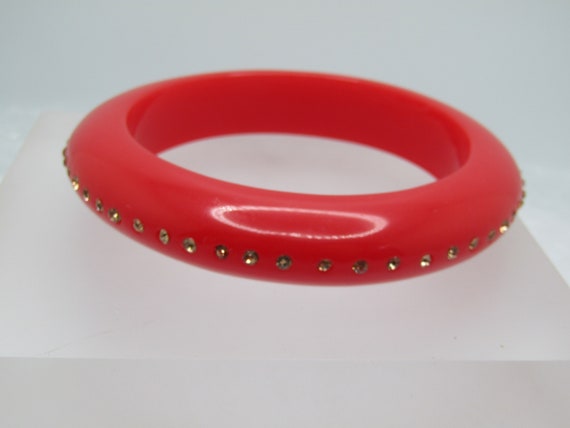 Vintage Red Plastic Bracelet, Rhinestone Accents, 8", 1960's