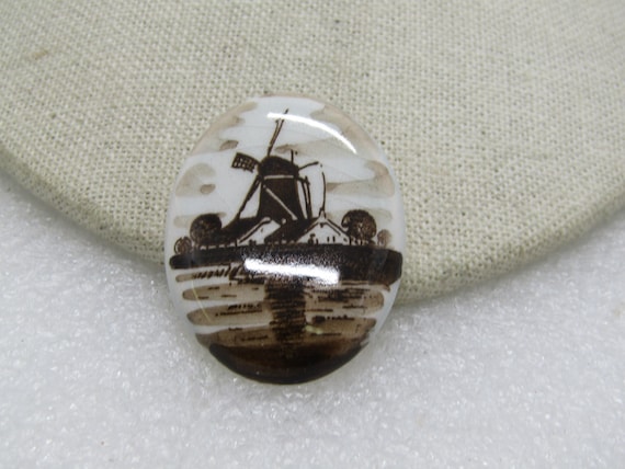 Vintage Sepia Windmill Porcelain Brooch, Oval, 1.5" Long, 1950's-1960's