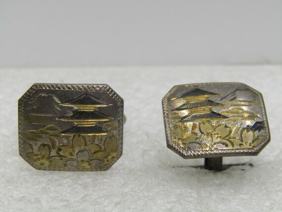 Vintage Sterling Japanese Scene Cufflinks, Two-Tone, Mid-Century.