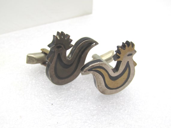 Vintage Sterling Modernist Rooster/Chicken  Cufflinks, Estela Popowski, Taxco Mexico, Mid-Century