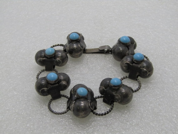 Vintage Sterling Mexico Primitive Bracelet, Turquoise Glass Beads, Hook Clasp, 8", 22mm wide, 31.94 grams.  Signed