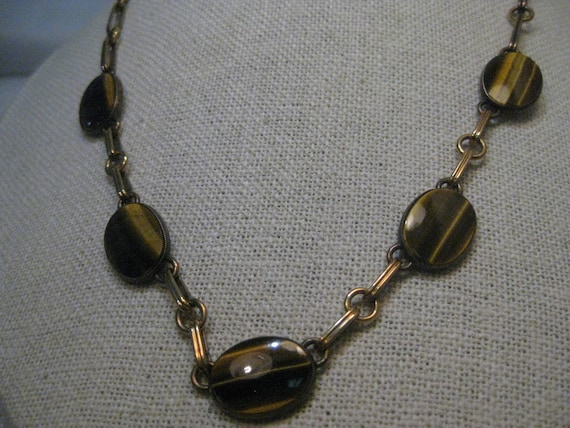 Vintage Symmetalic Vermeil Tiger's Eye Necklace/Choker, Sterling 1/20th 14kt, 15" with 3" ext.