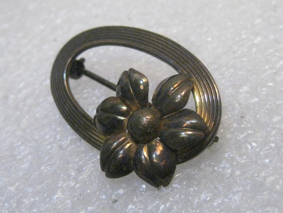 Vintage Symmetalic Sterling +14k Brooch, Oval with Floral Accent