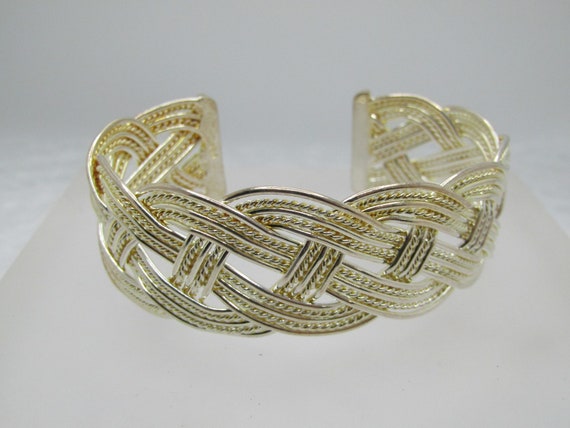 Silver Plated Woven Cuff Bracelet, Adjustable 6"-8", 1" Wide.