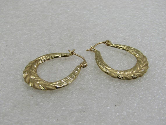 Vintage 14kt Leaf Hoop Pierced Earrings, Signed, 1".