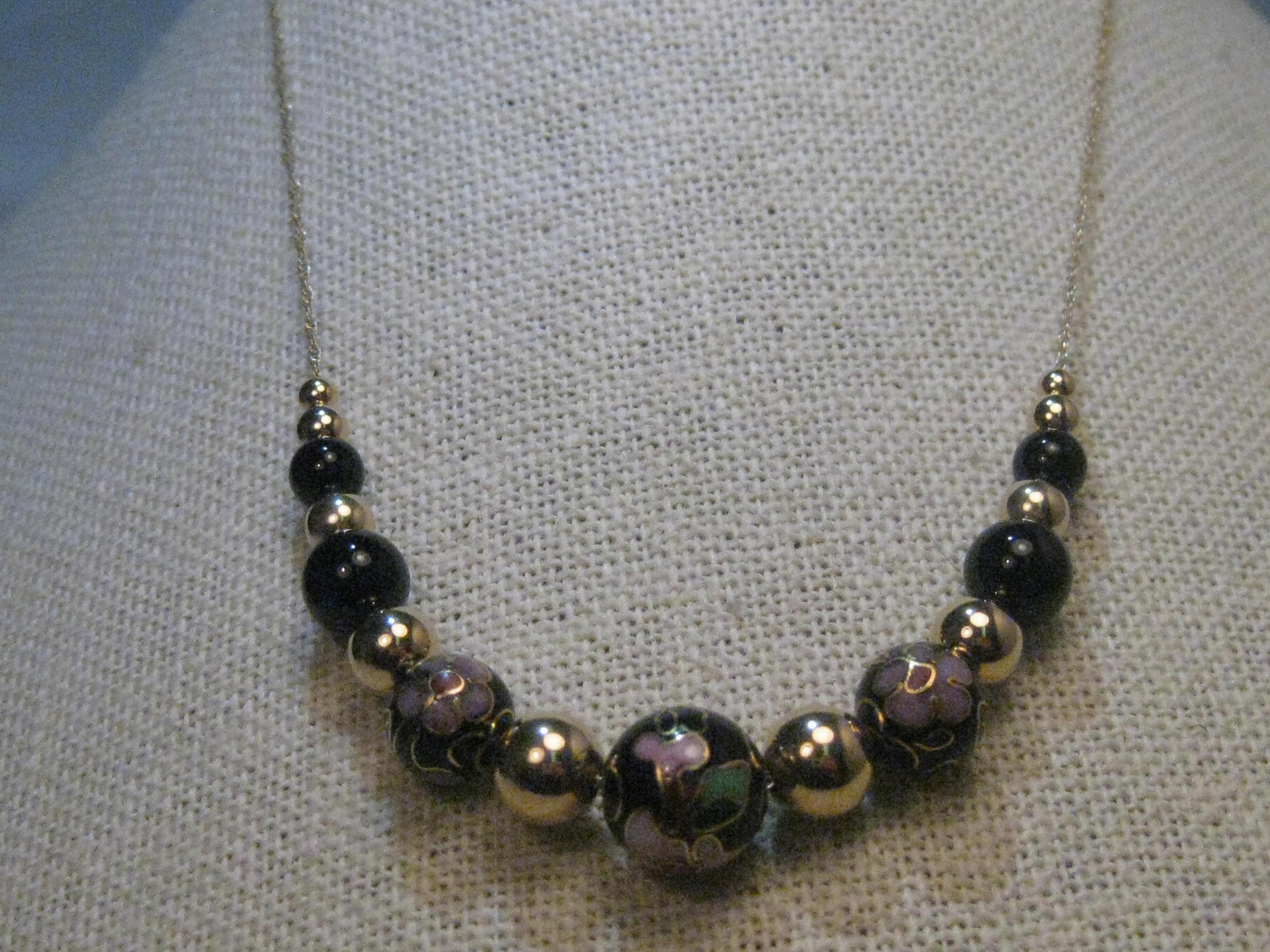 14Kt Gold Cloisonne Beaded Necklace, 24, Black & Gold Beads, 5.45 grams ...