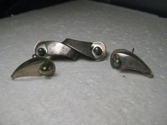 Vintage Sterling Silver Modernist Brooch & Earrings Set, 1950's, Screw Back, 14.32 gr.