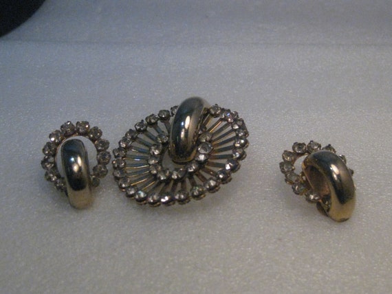 Vintage Art Deco Demi Parure, Rhinestones, Brooch & Clip Earrings, 1940's-1950's