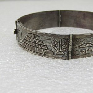 Vintage Sterling Mexican Storyteller Bracelet, hinged, box clasp, pyramid, donkey, 6.75&quot;, 20.45gr., Mid-Century, Signed