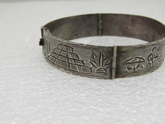 Vintage Sterling Mexican Storyteller Bracelet, hinged, box clasp, pyramid, donkey, 6.75", 20.45gr., Mid-Century, Signed