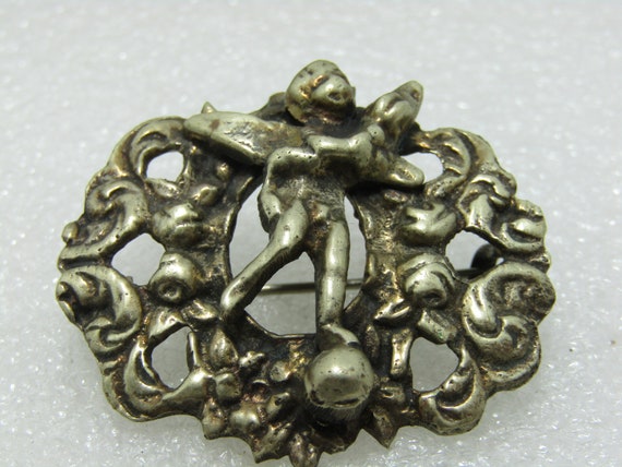 Early 1900's Cast Brass Angel Brooch, Standing On Earth, Solid, 1.75", 1910-1920's, C-Clasp