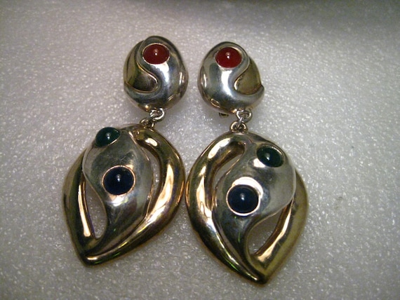 Vintage Sterling Silver Modern/Southwestern Stud & Dangle Pierced Earrings, Carnelian, Jade, Lapis, Gold Wash Accents