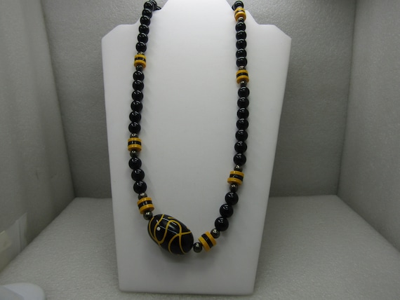 Vintage Black & Yellow Enameled Chunky Beaded Necklace, Tribal Style, 36", 1980's-1990's