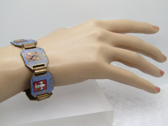 Vintage Enameled City Crests of France Bracelet, 7.5", 1930's-1940's, 7/8" wide.