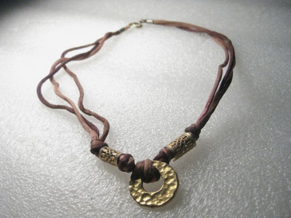 Vintage 1980-1990 Satin Triple  (Chocolate Tone) Strand Choker with Hammered Goldtone Pendant and Filigree Accents, 14"