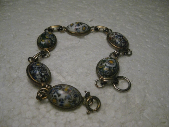 Vintage Venetian Glass Bracelet - Scarab Style,  Murano Glass, 8.75" Gold Tone, 1960-1970's