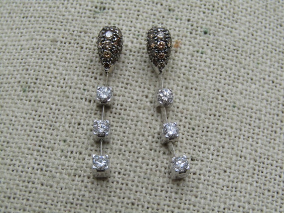 18kt Cognac and White Diamond Stud , Drop Journey Earrings, Pierced, Signed