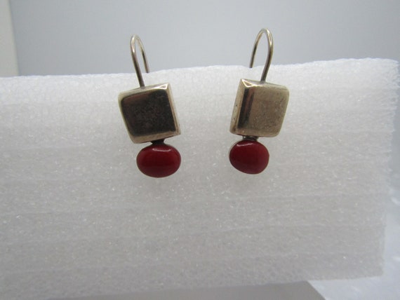 Vintage Sterling Stud Dangle Earrings, Pierced, Red Glass Drop, 1980's-1990's