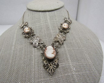 Early 1900's Silver Coiled Cameo Lavalier Necklace, 14.5"