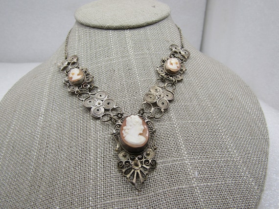 Early 1900's Silver Coiled Cameo Lavalier Necklace, 14.5"