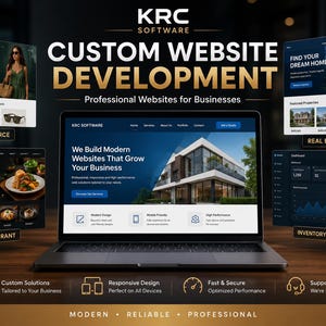 Könnte beinhalten: Ein Laptop zeigt eine KRC Software Website mit dem Text Custom Website Development und Professional Websites for Businesses. Umgebende Bildschirme zeigen Interface-Designs für E-Commerce, Immobilien, Gastronomie und Bestandsverwaltung.