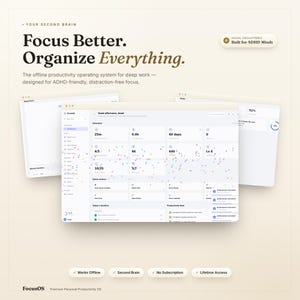 May include: A digital productivity operating system interface titled FocusOS, featuring a dashboard with task metrics, a timeline, and productivity feed. Text includes Focus Better. Organize Everything. Built for ADHD Minds.
