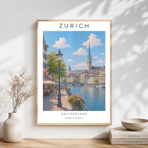 Zurich Switzerland Poster, Vintage European Travel Home Decor, Limmat River Cityscape Landmark Print, Black and White Fine Art Photography