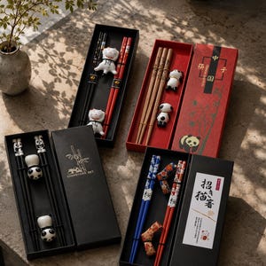 Peut inclure: Quatre ensembles de baguettes dans des boîtes rectangulaires. Un ensemble comprend des baguettes noires et rouges avec des repose-baguettes chats blancs. Un autre a des baguettes marron clair avec des repose-baguettes pandas. Un troisième ensemble inclut des baguettes noires sur le thème du panda. Le dernier ensemble présente des baguettes bleues et rouges à motifs floraux avec des repose-baguettes assortis.