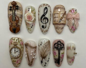 Vintage Music Press On Nails Cute Violin Harp Nails Classical Rose Fake Nails Book Clock Key 3D Handmade Nails Custom Nails Glue On Nails