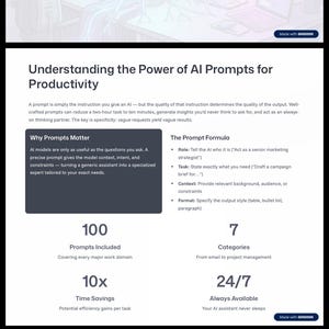 以下が含まれることがあります： 「100 AI Prompts to Make Work Easier」と題されたデジタルドキュメント。AIプロンプトの力、プロンプトの公式、メール管理に関するセクションで構成されています。レイアウトにはテキスト、箇条書き、統計情報が白い背景上に配置されています。