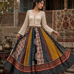 Boho Patchwork Cotton Skirt | Flared Long Skirt |  Pure Cotton Bohemian Gypsy Skirt | tribal hippie women skirt | 40+ patches maxi skirt